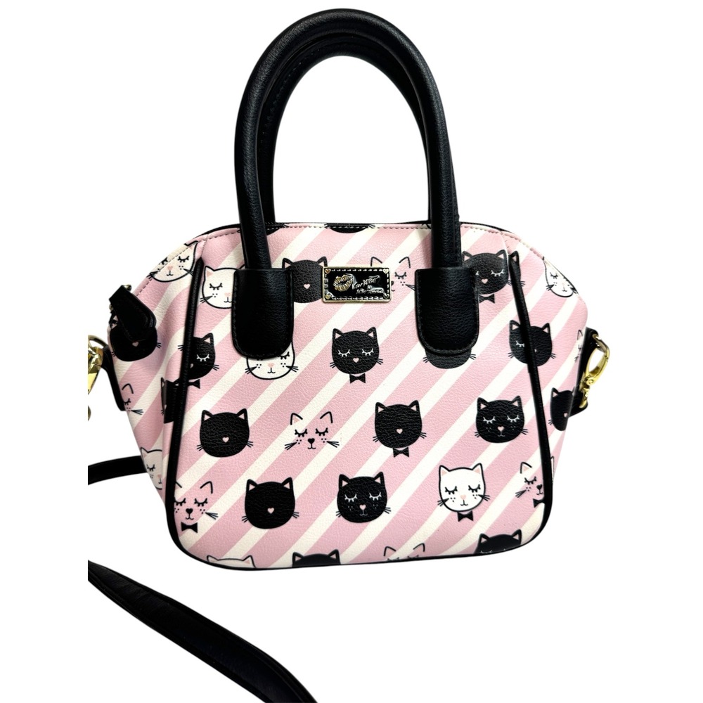 Luv Betsey by Betsey Johnson Cat Print Pink Striped Satchel Crossbody Bag